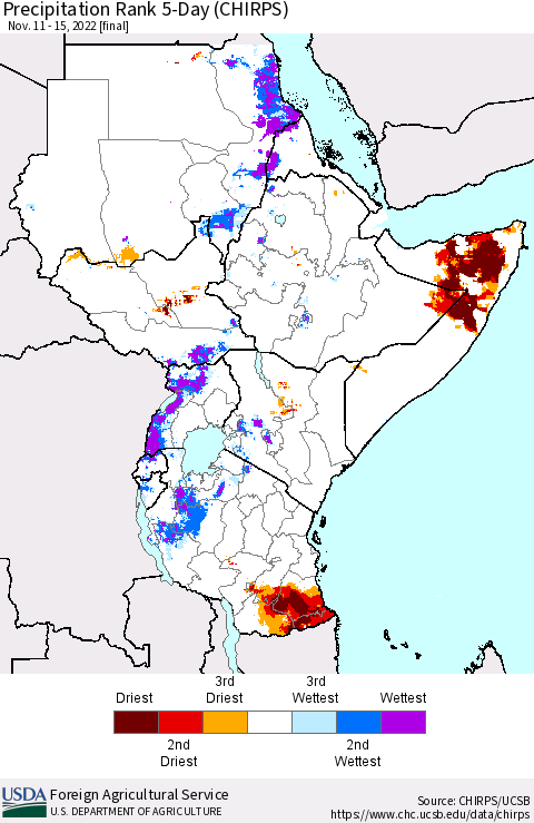 Eastern Africa Precipitation Rank since 1981, 5-Day (CHIRPS) Thematic Map For 11/11/2022 - 11/15/2022