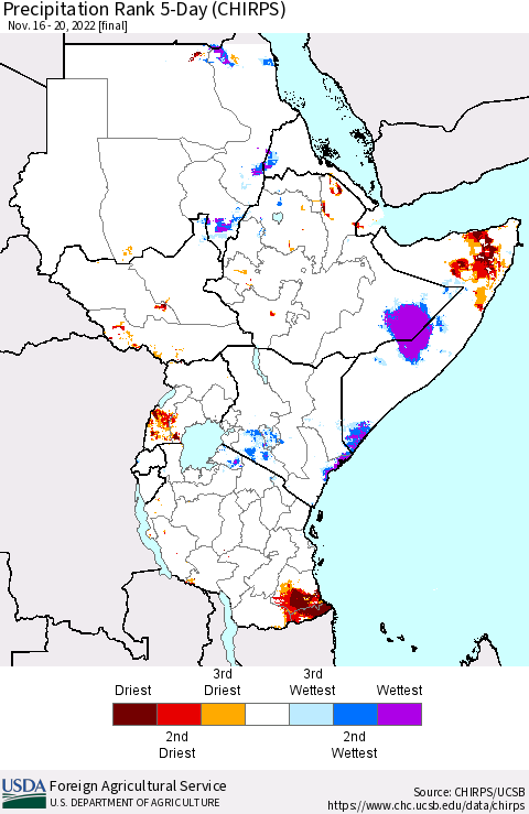 Eastern Africa Precipitation Rank since 1981, 5-Day (CHIRPS) Thematic Map For 11/16/2022 - 11/20/2022