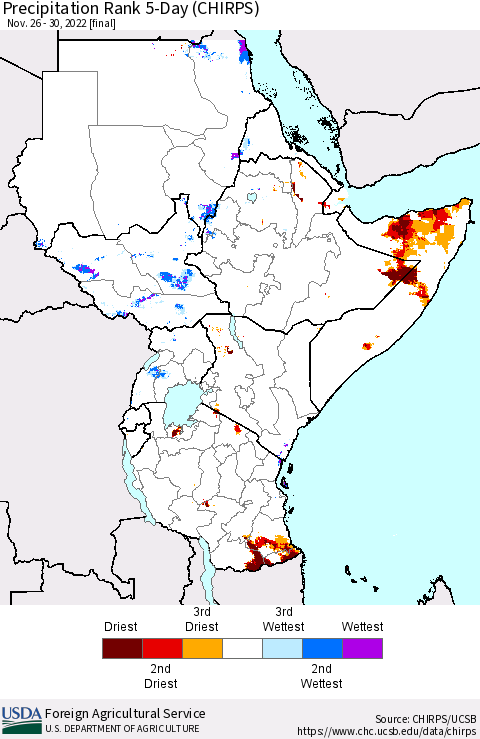 Eastern Africa Precipitation Rank since 1981, 5-Day (CHIRPS) Thematic Map For 11/26/2022 - 11/30/2022