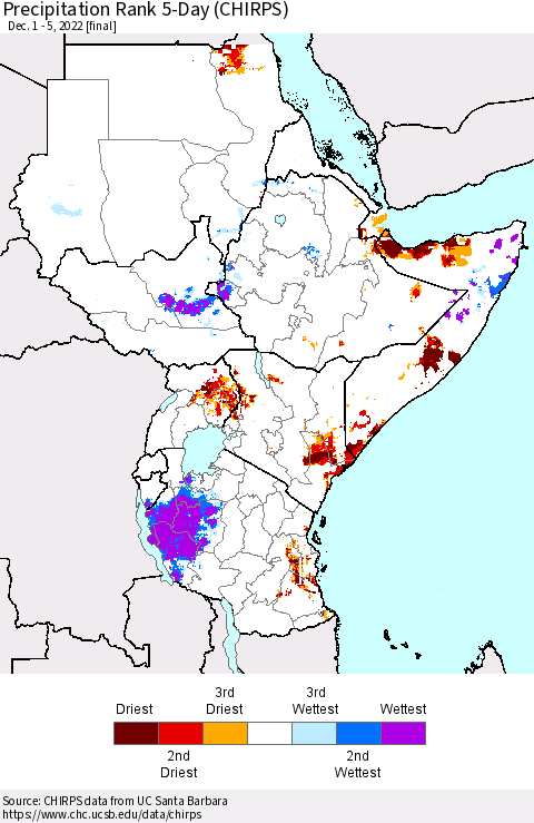 Eastern Africa Precipitation Rank since 1981, 5-Day (CHIRPS) Thematic Map For 12/1/2022 - 12/5/2022