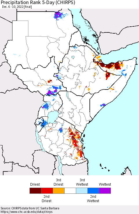 Eastern Africa Precipitation Rank since 1981, 5-Day (CHIRPS) Thematic Map For 12/6/2022 - 12/10/2022