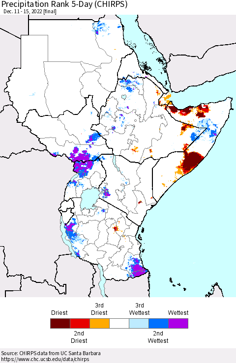 Eastern Africa Precipitation Rank since 1981, 5-Day (CHIRPS) Thematic Map For 12/11/2022 - 12/15/2022