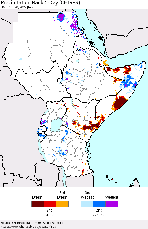 Eastern Africa Precipitation Rank since 1981, 5-Day (CHIRPS) Thematic Map For 12/16/2022 - 12/20/2022