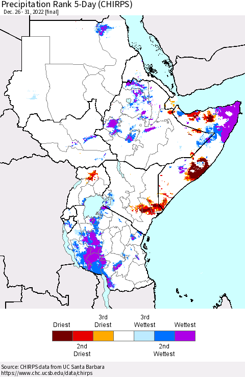 Eastern Africa Precipitation Rank since 1981, 5-Day (CHIRPS) Thematic Map For 12/26/2022 - 12/31/2022