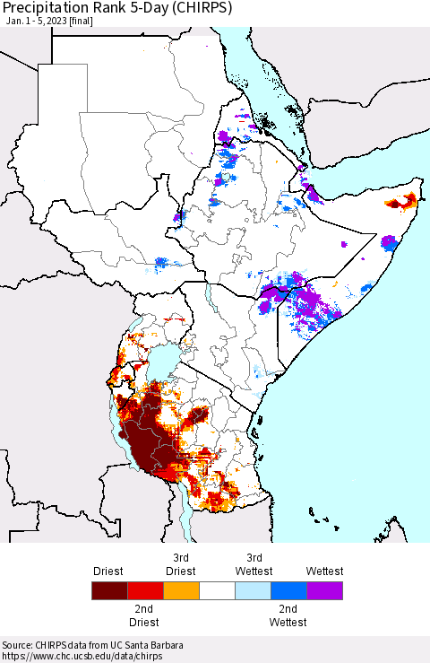 Eastern Africa Precipitation Rank since 1981, 5-Day (CHIRPS) Thematic Map For 1/1/2023 - 1/5/2023