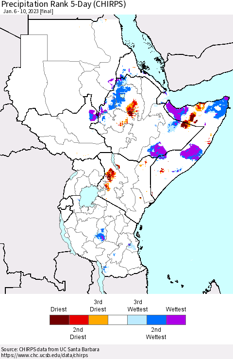 Eastern Africa Precipitation Rank since 1981, 5-Day (CHIRPS) Thematic Map For 1/6/2023 - 1/10/2023