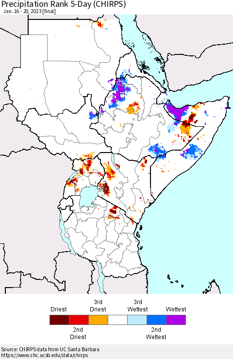 Eastern Africa Precipitation Rank since 1981, 5-Day (CHIRPS) Thematic Map For 1/16/2023 - 1/20/2023
