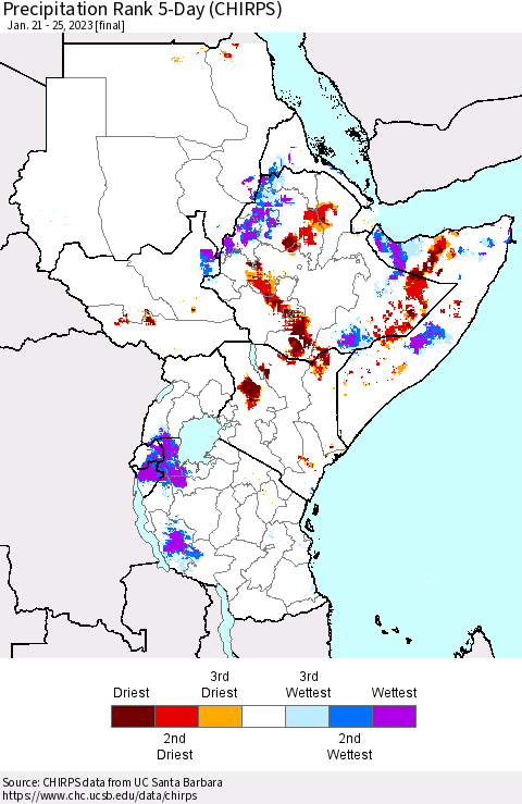 Eastern Africa Precipitation Rank since 1981, 5-Day (CHIRPS) Thematic Map For 1/21/2023 - 1/25/2023