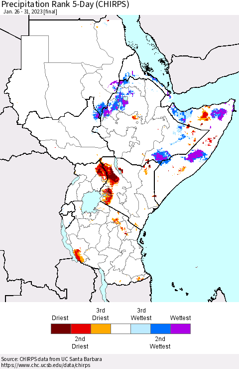 Eastern Africa Precipitation Rank since 1981, 5-Day (CHIRPS) Thematic Map For 1/26/2023 - 1/31/2023