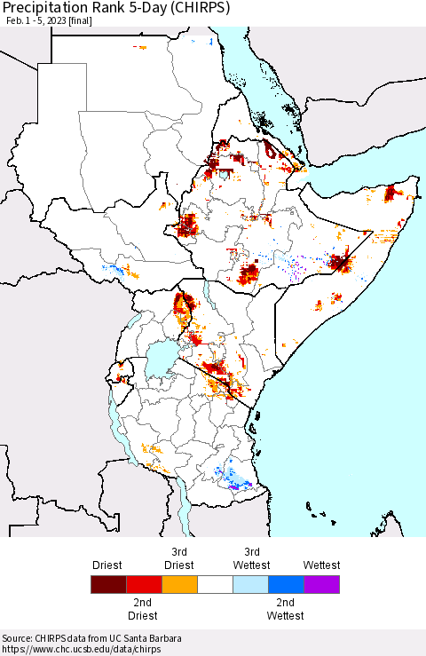 Eastern Africa Precipitation Rank since 1981, 5-Day (CHIRPS) Thematic Map For 2/1/2023 - 2/5/2023