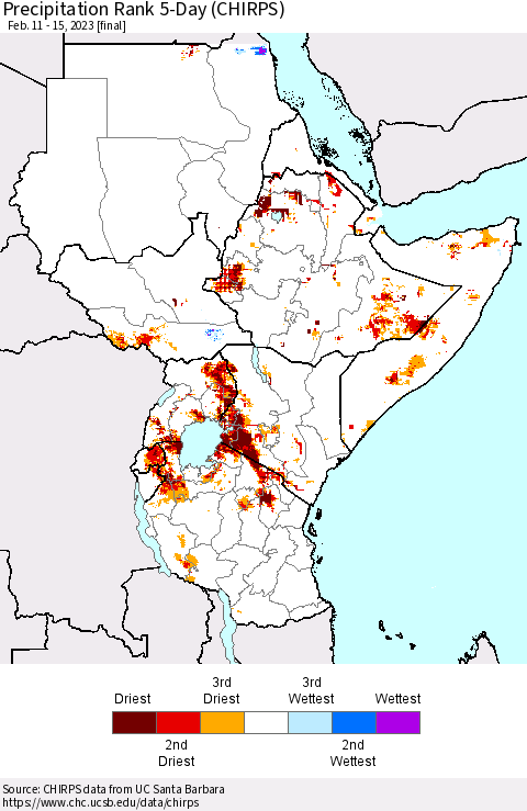 Eastern Africa Precipitation Rank since 1981, 5-Day (CHIRPS) Thematic Map For 2/11/2023 - 2/15/2023