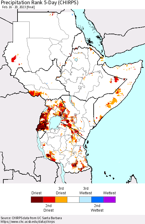 Eastern Africa Precipitation Rank since 1981, 5-Day (CHIRPS) Thematic Map For 2/16/2023 - 2/20/2023