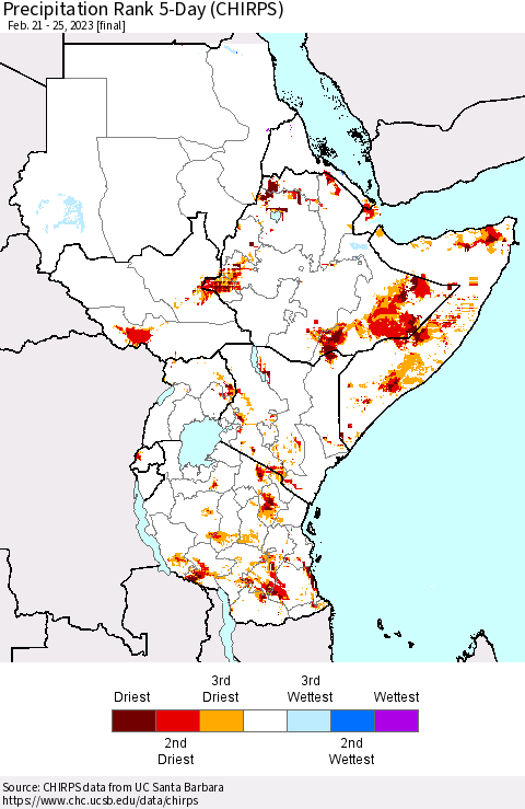 Eastern Africa Precipitation Rank since 1981, 5-Day (CHIRPS) Thematic Map For 2/21/2023 - 2/25/2023
