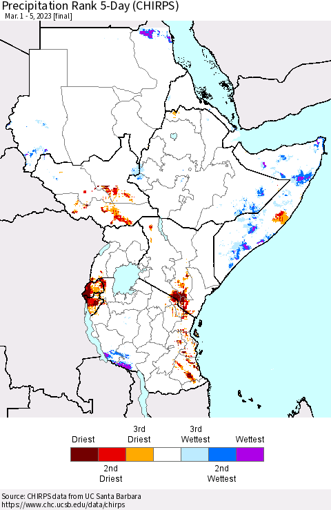 Eastern Africa Precipitation Rank since 1981, 5-Day (CHIRPS) Thematic Map For 3/1/2023 - 3/5/2023