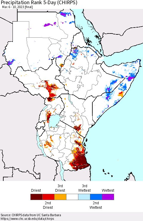 Eastern Africa Precipitation Rank since 1981, 5-Day (CHIRPS) Thematic Map For 3/6/2023 - 3/10/2023