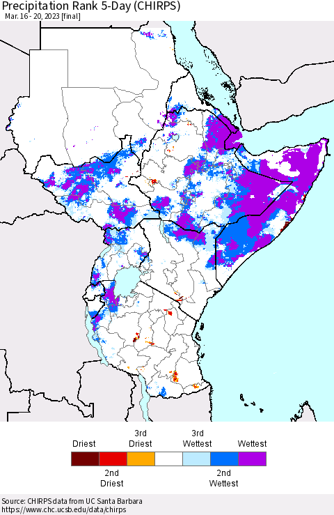 Eastern Africa Precipitation Rank since 1981, 5-Day (CHIRPS) Thematic Map For 3/16/2023 - 3/20/2023