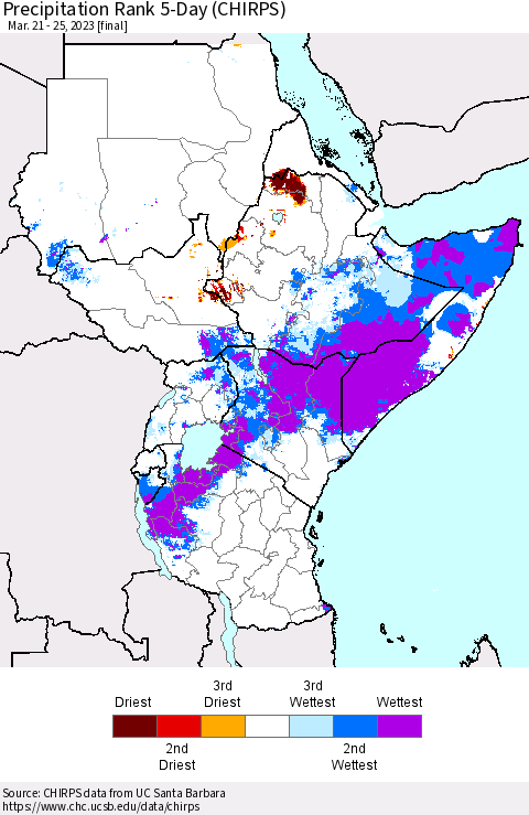 Eastern Africa Precipitation Rank since 1981, 5-Day (CHIRPS) Thematic Map For 3/21/2023 - 3/25/2023