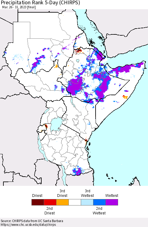 Eastern Africa Precipitation Rank since 1981, 5-Day (CHIRPS) Thematic Map For 3/26/2023 - 3/31/2023