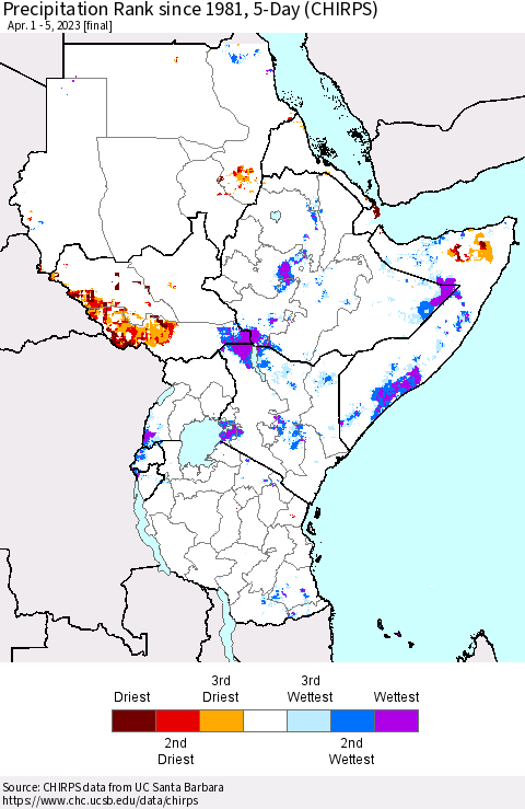 Eastern Africa Precipitation Rank since 1981, 5-Day (CHIRPS) Thematic Map For 4/1/2023 - 4/5/2023