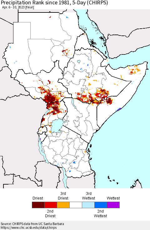 Eastern Africa Precipitation Rank since 1981, 5-Day (CHIRPS) Thematic Map For 4/6/2023 - 4/10/2023