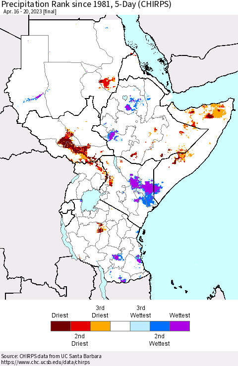 Eastern Africa Precipitation Rank since 1981, 5-Day (CHIRPS) Thematic Map For 4/16/2023 - 4/20/2023