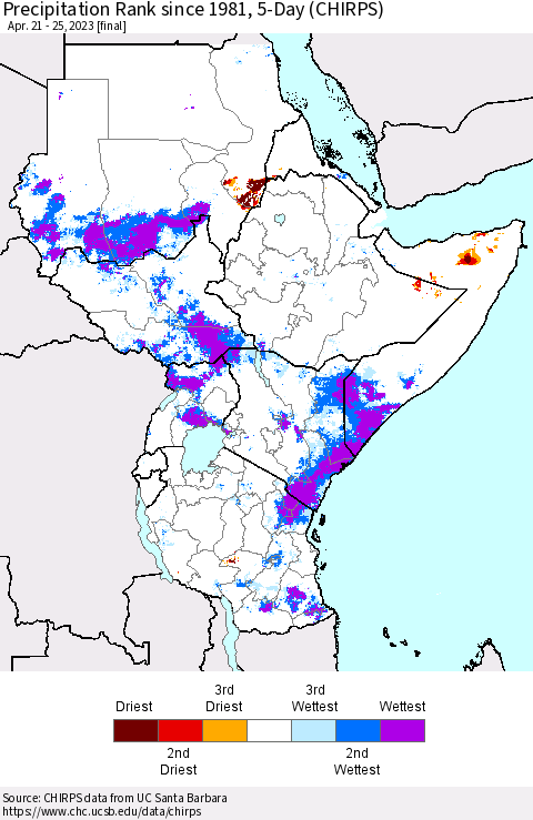 Eastern Africa Precipitation Rank since 1981, 5-Day (CHIRPS) Thematic Map For 4/21/2023 - 4/25/2023