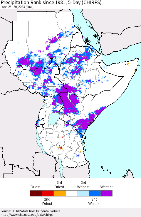 Eastern Africa Precipitation Rank since 1981, 5-Day (CHIRPS) Thematic Map For 4/26/2023 - 4/30/2023