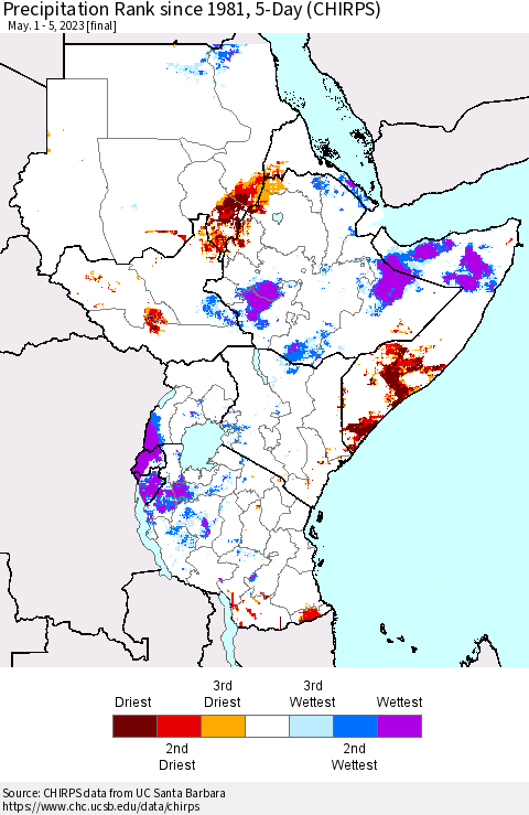 Eastern Africa Precipitation Rank since 1981, 5-Day (CHIRPS) Thematic Map For 5/1/2023 - 5/5/2023