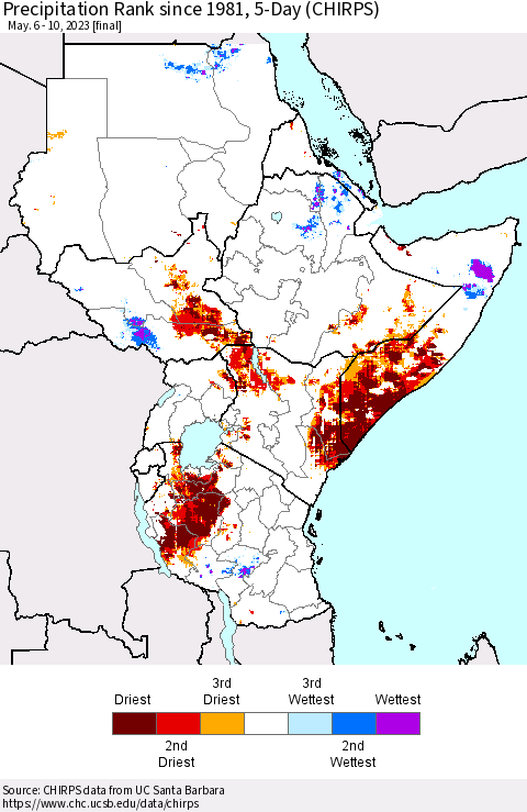 Eastern Africa Precipitation Rank since 1981, 5-Day (CHIRPS) Thematic Map For 5/6/2023 - 5/10/2023
