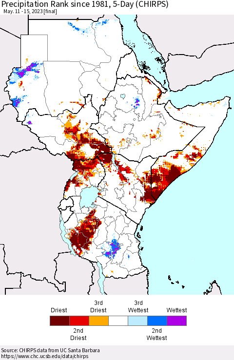 Eastern Africa Precipitation Rank since 1981, 5-Day (CHIRPS) Thematic Map For 5/11/2023 - 5/15/2023