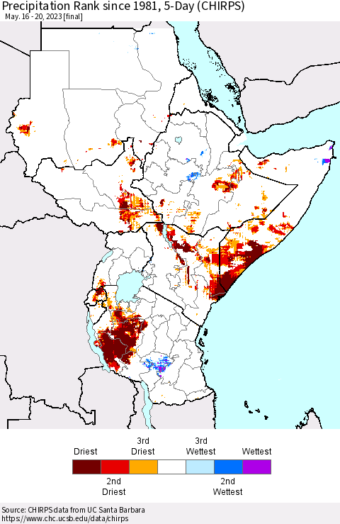 Eastern Africa Precipitation Rank since 1981, 5-Day (CHIRPS) Thematic Map For 5/16/2023 - 5/20/2023