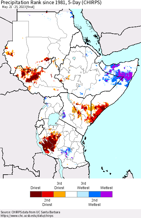 Eastern Africa Precipitation Rank since 1981, 5-Day (CHIRPS) Thematic Map For 5/21/2023 - 5/25/2023