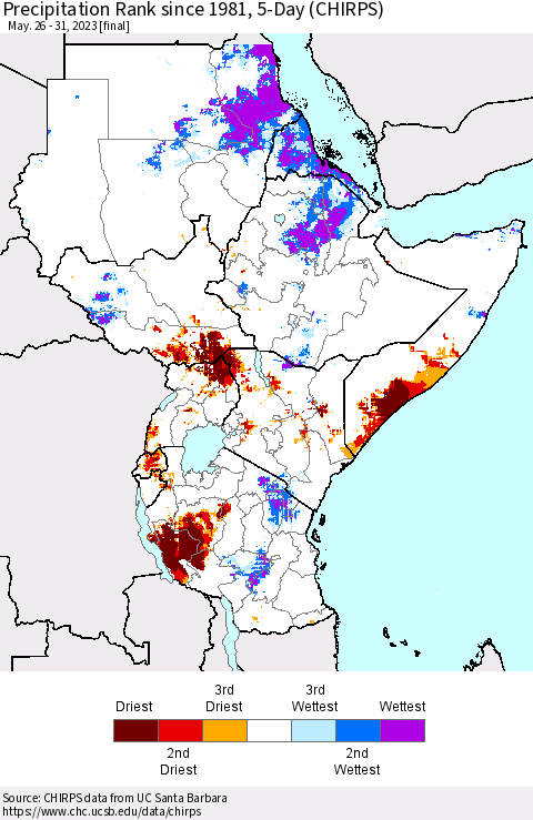 Eastern Africa Precipitation Rank since 1981, 5-Day (CHIRPS) Thematic Map For 5/26/2023 - 5/31/2023