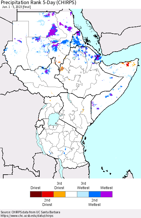 Eastern Africa Precipitation Rank since 1981, 5-Day (CHIRPS) Thematic Map For 6/1/2023 - 6/5/2023