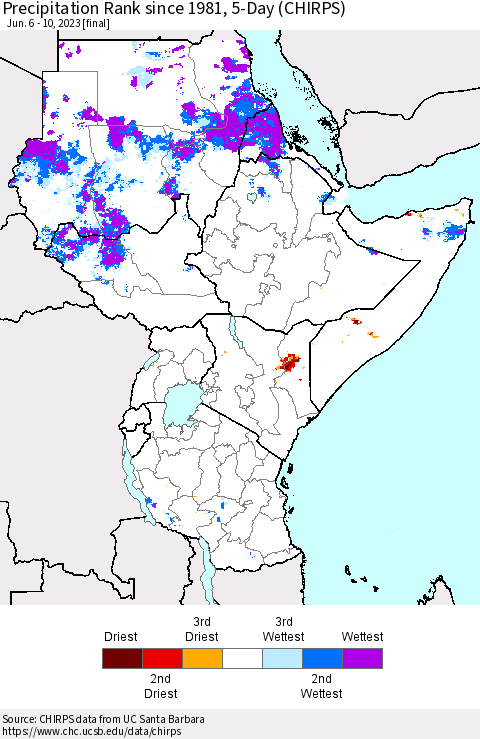 Eastern Africa Precipitation Rank since 1981, 5-Day (CHIRPS) Thematic Map For 6/6/2023 - 6/10/2023