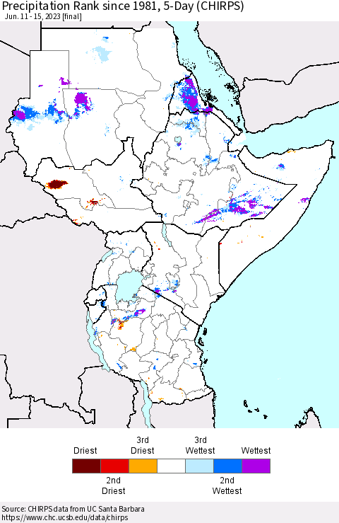 Eastern Africa Precipitation Rank since 1981, 5-Day (CHIRPS) Thematic Map For 6/11/2023 - 6/15/2023