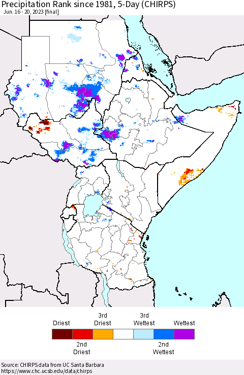 Eastern Africa Precipitation Rank since 1981, 5-Day (CHIRPS) Thematic Map For 6/16/2023 - 6/20/2023