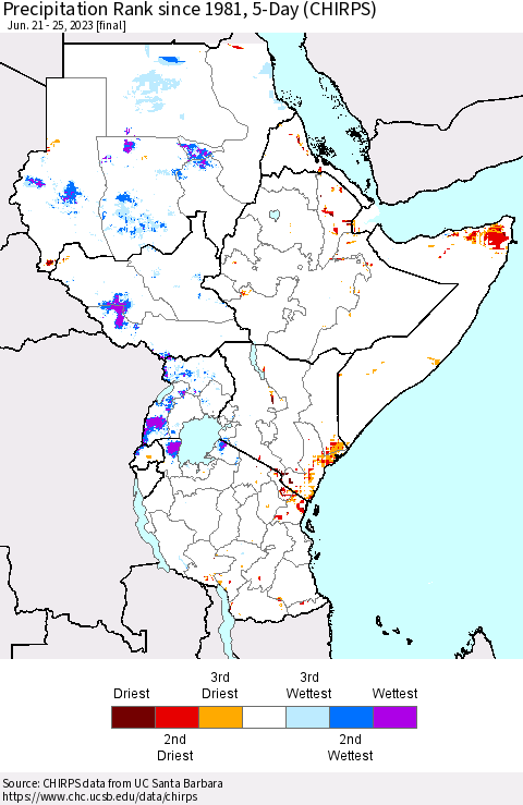 Eastern Africa Precipitation Rank since 1981, 5-Day (CHIRPS) Thematic Map For 6/21/2023 - 6/25/2023