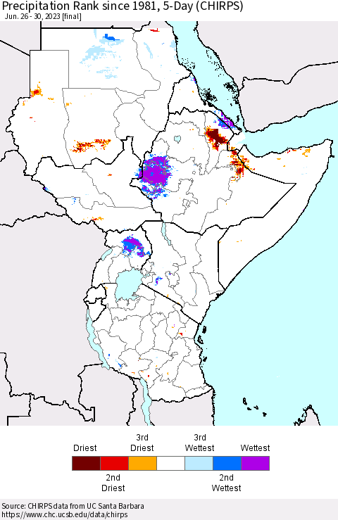 Eastern Africa Precipitation Rank since 1981, 5-Day (CHIRPS) Thematic Map For 6/26/2023 - 6/30/2023