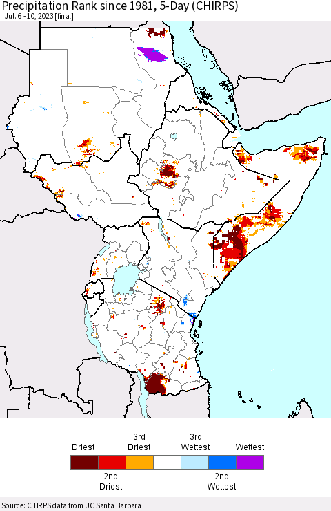Eastern Africa Precipitation Rank since 1981, 5-Day (CHIRPS) Thematic Map For 7/6/2023 - 7/10/2023
