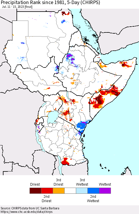 Eastern Africa Precipitation Rank since 1981, 5-Day (CHIRPS) Thematic Map For 7/11/2023 - 7/15/2023