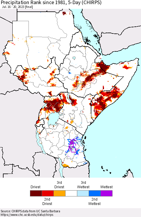 Eastern Africa Precipitation Rank since 1981, 5-Day (CHIRPS) Thematic Map For 7/16/2023 - 7/20/2023