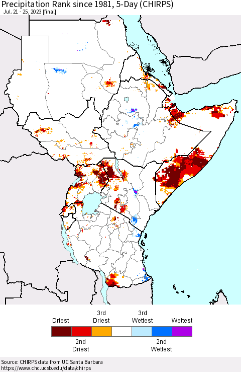 Eastern Africa Precipitation Rank since 1981, 5-Day (CHIRPS) Thematic Map For 7/21/2023 - 7/25/2023