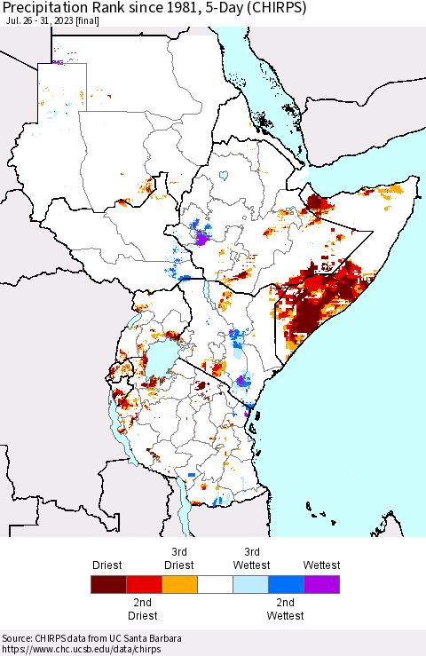 Eastern Africa Precipitation Rank since 1981, 5-Day (CHIRPS) Thematic Map For 7/26/2023 - 7/31/2023