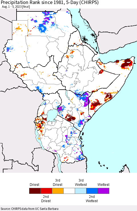 Eastern Africa Precipitation Rank since 1981, 5-Day (CHIRPS) Thematic Map For 8/1/2023 - 8/5/2023