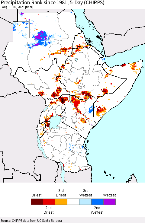 Eastern Africa Precipitation Rank since 1981, 5-Day (CHIRPS) Thematic Map For 8/6/2023 - 8/10/2023