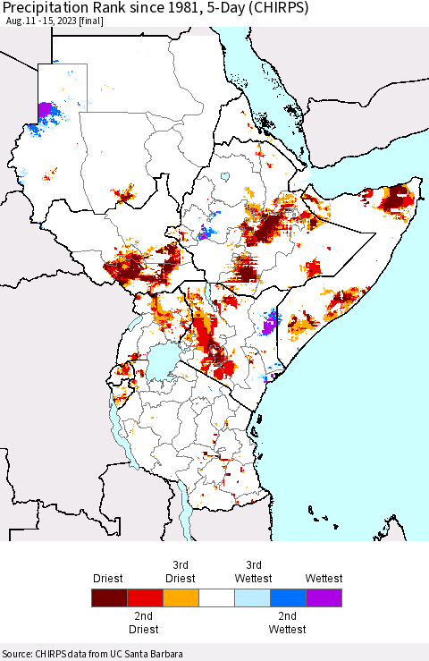 Eastern Africa Precipitation Rank since 1981, 5-Day (CHIRPS) Thematic Map For 8/11/2023 - 8/15/2023