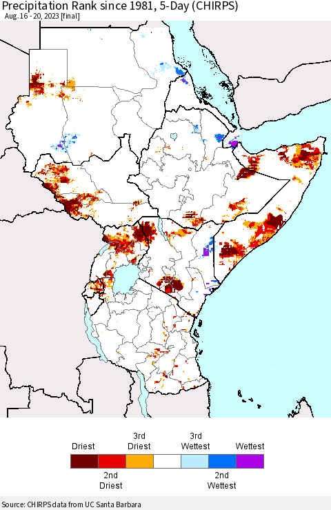 Eastern Africa Precipitation Rank since 1981, 5-Day (CHIRPS) Thematic Map For 8/16/2023 - 8/20/2023