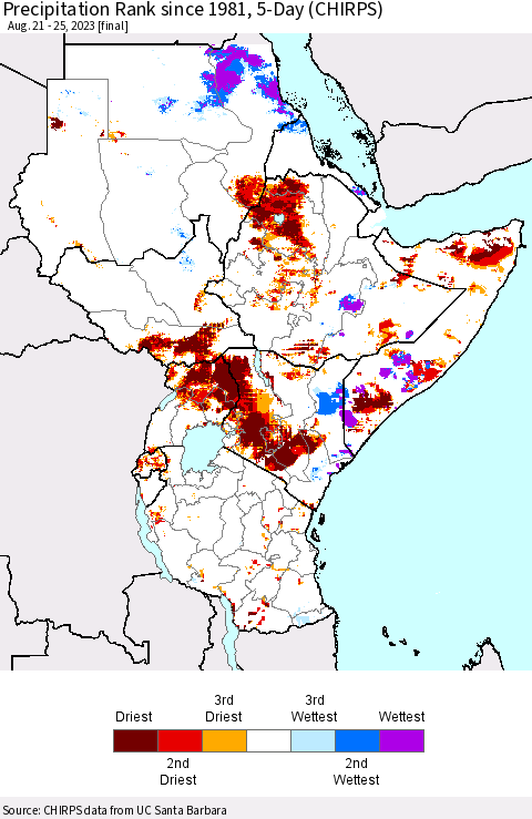 Eastern Africa Precipitation Rank since 1981, 5-Day (CHIRPS) Thematic Map For 8/21/2023 - 8/25/2023