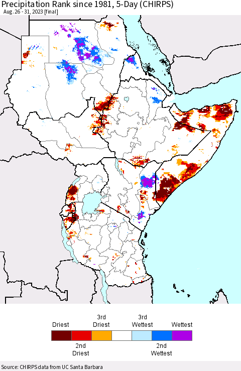 Eastern Africa Precipitation Rank since 1981, 5-Day (CHIRPS) Thematic Map For 8/26/2023 - 8/31/2023